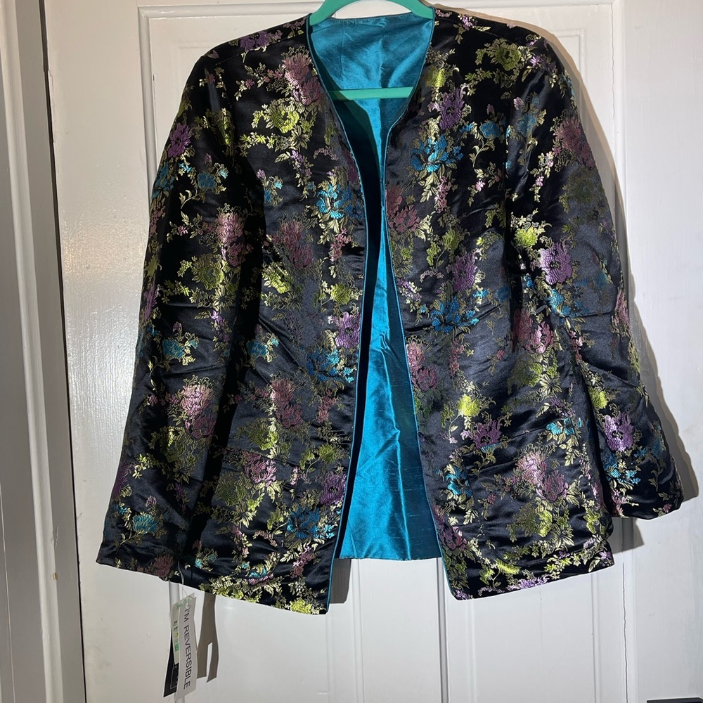NWT Harris Wallace Floral Brocade Women's Jacket M Silk Reversible  Blue Black